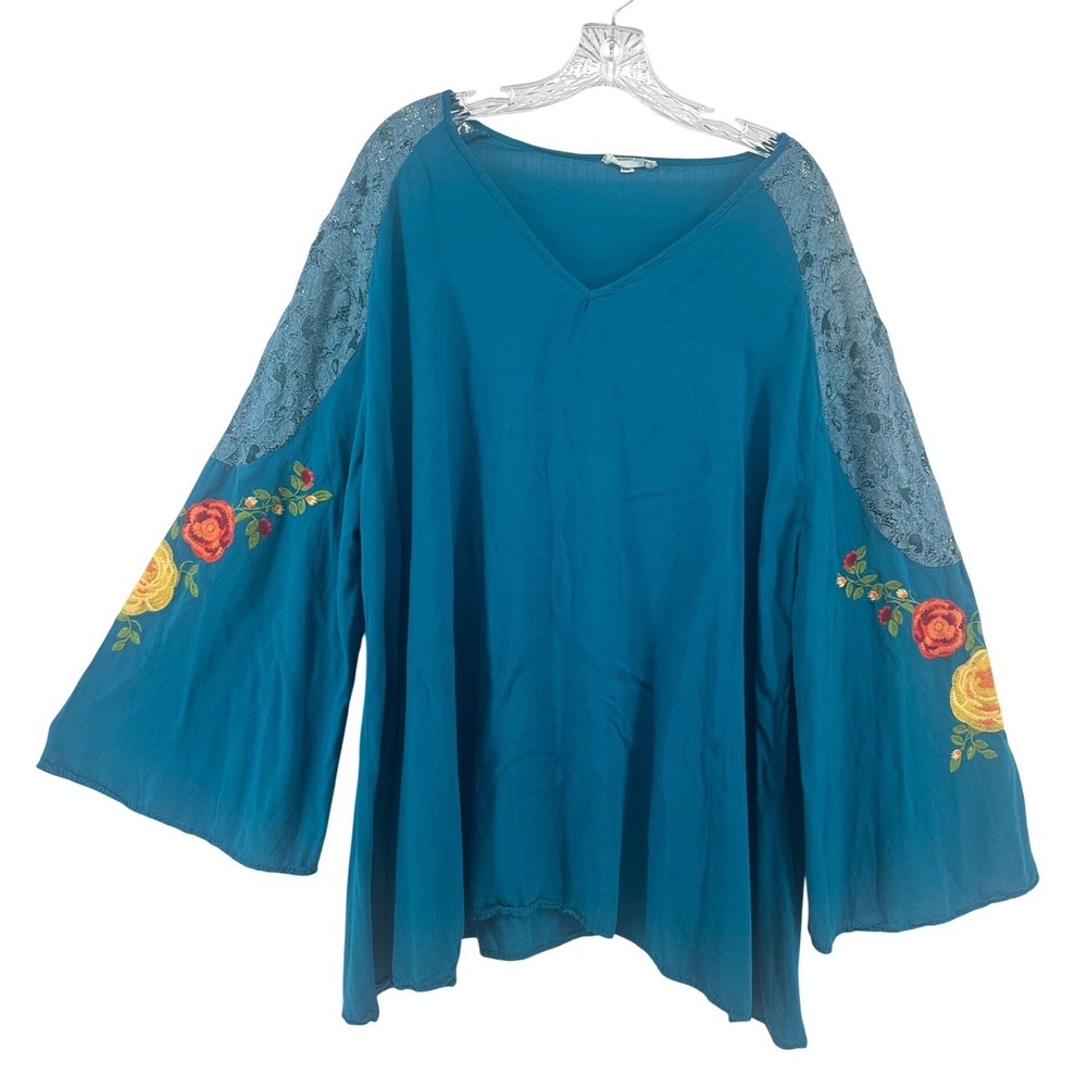 Boho Teal Blue Floral Embroidered Lace Shoulder Bell Sleeve Blouse XXL Festival